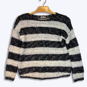 Women’s Black Cream Fuzzy Striped Sweater M/L Knit Long Sleeve Crewneck Pullover
